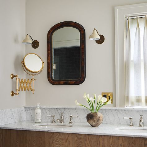 Custom vanity, marble countertop, marble backsplash, marble ledge, antique mirror, vintage lighting, mirror, polished nickel, cafe curtain English Cottage Bathroom, Countertop Marble, Backsplash Marble, Lighting Mirror, Vanity Backsplash, Cottage Bathroom, Instagram C, Bathroom Renos, English Cottage