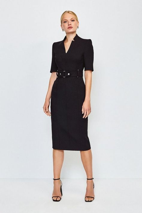 Forever Cinch Waist Pencil Dress | Karen Millen Business Dresses Classy, Pencil Dress Work, Professional Dresses For Work, Stylish Office Wear, Stud Belt, Business Dress Women, Military Dresses, Blue Outfits, Black Pencil Dress