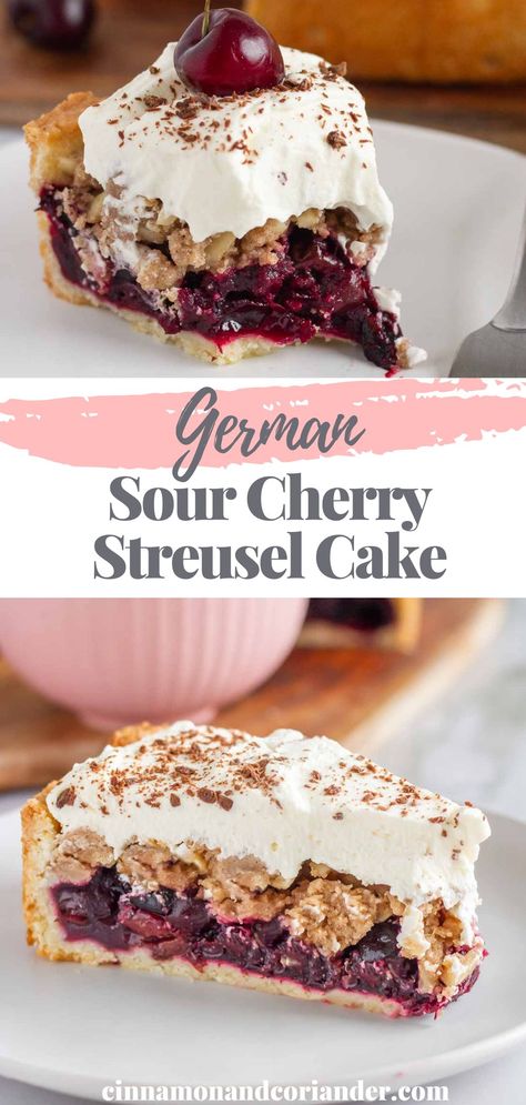 This German Sour Cherry Cake with Streusel (called Fireman Cake "Feuerwehrkuchen" ) consists of a buttery shortcrust pastry, a luscious sour cherry filling, and a nutty hazelnut crumble, all topped with lightly sweetened whipped cream. A traditional German cherry cake for any occasion Sour Cherry Cake Recipe, Angel Food Cake Frosting, Sour Cherry Cake, German Cakes Recipes, Sour Cherry Recipes, Cherry Cake Recipe, Fireman Cake, Streusel Cake, German Cake