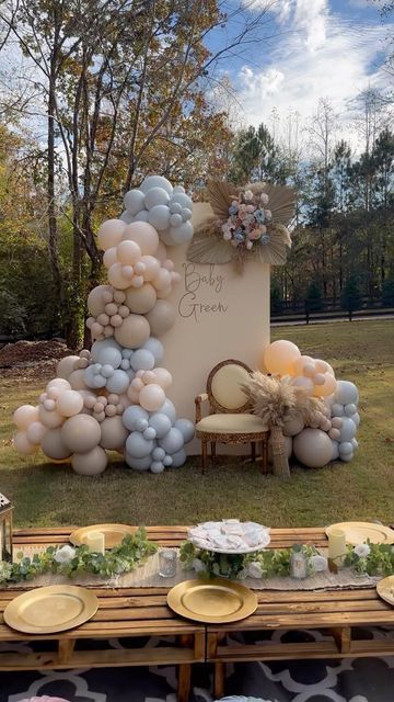 Gender Reveal Natural Colors, Gender Reveal Muted Colors, Muted Gender Reveal Party, Gender Reveal Astethic, Simple Gender Reveal Decorations Outdoor, Backyard Gender Reveal Party Decorations, Gender Reveal Party Neutral Colors, Neutral Color Gender Reveal Party, Neutral Color Birthday