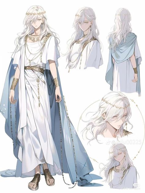 Greek Character Design, Angelic Outfits, Flowy Outfit, God Clothes, Long White Hair, Art Outfit, Manga Drawing Tutorials, Angel Outfit, Japon Illustration