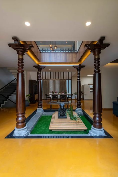 Interior Pillars, Chettinad House, Indoor Courtyard, Wooden Pillars, Indian Home Design, Courtyard Design, Kerala House Design, Pooja Room Design, Room Door Design