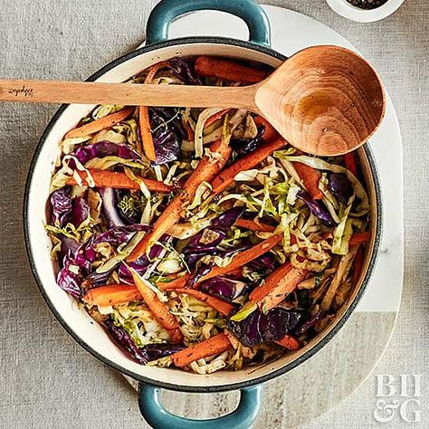 Braised Cabbage and Carrots Cabbage And Carrots, Cabbage Carrot, Better Homes And Gardens Magazine, Braised Cabbage, Sauerkraut Recipes, Celery Root, Roasted Cabbage, Garden Recipes, Herbs And Spices