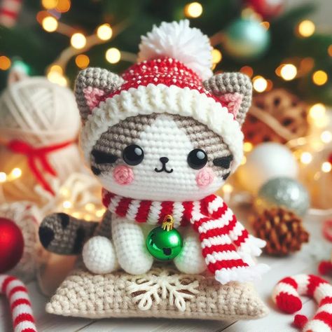 Create a charming Amigurumi Kitten in a festive Christmas dress with this easy-to-follow guide, ideal for holiday decorations and gifts! Amigurumi Kitten, Crochet Christmas Trees Pattern, Christmas Crochet Patterns Free, Crochet Penguin, Crochet Cat Pattern, Crochet Christmas Trees, Crochet Christmas Decorations, Crochet Animals Free Patterns, Crochet Amigurumi Free Patterns