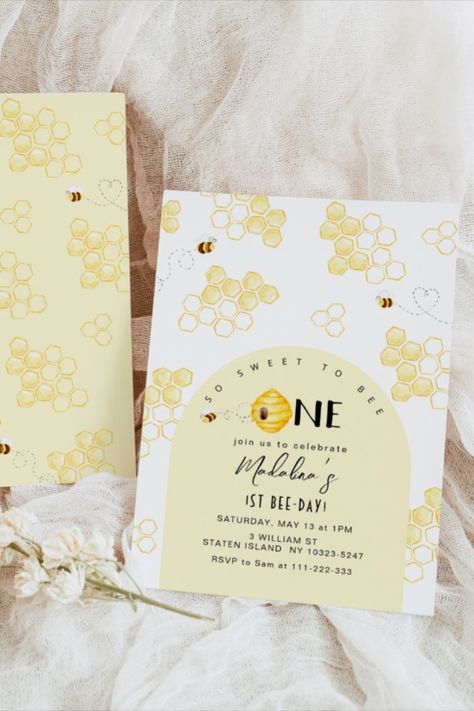 So sweet to bee one first bee day birthday invitation! #birthday #happybirthday #birthdaycards #birthdayparty #firstbirthday #bee #turningone #sweet Sweet To Bee One, First Bee Day, Baby Birthday Party Theme, Bee Invitations, Bee Birthday Party, Bee Day, Modern Birthday, 1st Birthday Themes, August Birthday