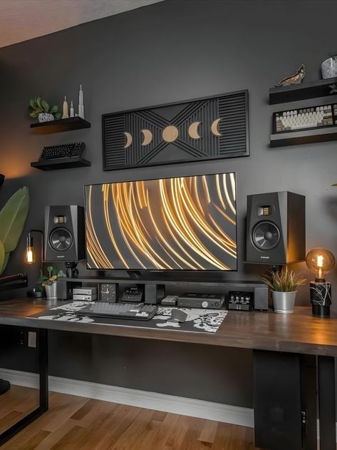 Home Office Built Ins, Home Office For Man, Office Built Ins, Home Studio Setup, Minimalist Desk, Bedroom Setup, Computer Room, Gaming Room Setup, Pc Setup