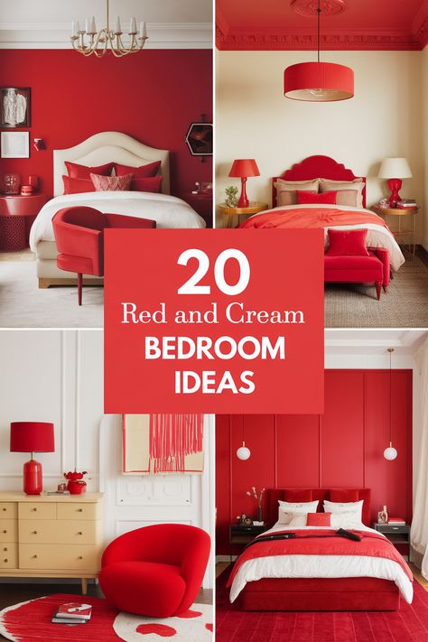 Red and cream bedroom decor is a timeless classic, blending warmth and sophistication.  From bold accent walls to delicate floral patterns, this color palette creates a luxurious retreat. Discover 20 inspiring red and cream bedroom ideas to transform your space! Red Wall Painting Ideas Bedroom, Red Paint Bedroom, Red Comforter Bedroom Ideas, Comforter Bedroom Ideas, Red Bedroom Colors, Cream Bedroom Decor, Cream Colored Bed, Red Nightstand, Red Bedroom Ideas