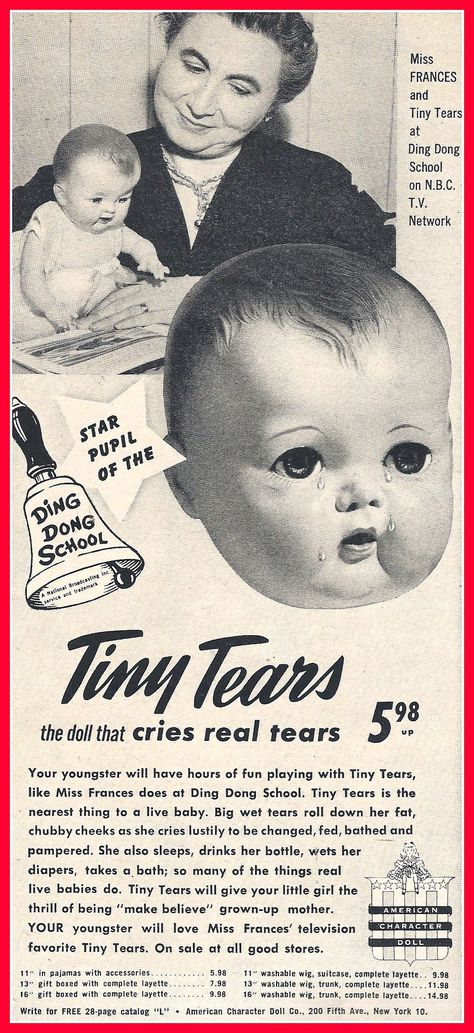 photo Tiny Tears Doll, Old Advertisements, Ding Dong, Girl's Back, Vintage Memory, Old Ads, Old Dolls, Photo Vintage, Childhood Toys