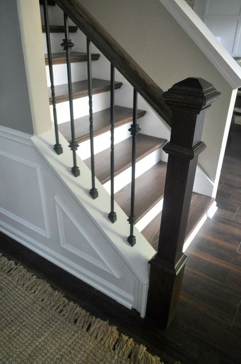 Stained Stair Treads: Before and After | Live Pretty on a Penny White Stair Railing With Wrought Iron, Ebony Stained Stairs, Stained Stair Treads, Banisters And Railings, Banister Remodel, Stairs Makeover Design, Stair Railing Makeover, Farmhouse Stairs, Stair Renovation