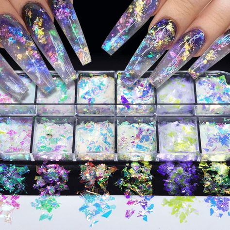 12 Boxes Nail Art Glitter Sequins Irregular Fragments Cellophane Illusion Fragments Polarized Powder Nail Glitter Holographic Design DIY Decoration Accessories Make Up Diy, Holographic Glitter Nails, Mermaid Nail Art, Mermaid Nail, Nail Sequins, Chrome Nail Art, Gel Polish Manicure, Nail Art Glitter, Manicure Diy