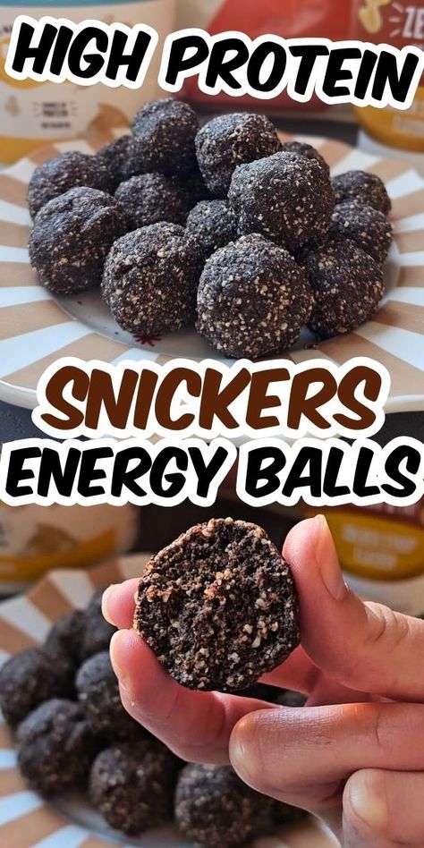 High-Protein Snickers Energy Balls Recipe and two photos of them. one is in half so you see chocolate interior Protein Balls Using Protein Powder, Nutella Protein Balls, Oatmeal Raisin Protein Balls, High Protein Balls Healthy, Peanut Butter Powder Protein Balls, Chocolate Whey Protein Recipes, Peanut Butter Protein Balls No Bake, Kodiak Protein Balls, Baked Oats Recipes Healthy High Protein