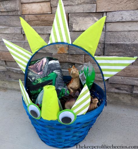 Dinosaur Easter Basket - The Keeper of the Cheerios Dinosaur Easter Basket Ideas, Dinosaur Basket, Cardboard Basket, Crafts Dinosaur, Dinosaur Easter Basket, Blue Easter Basket, Make A Dinosaur, Creative Easter Baskets, Diy Dinosaur