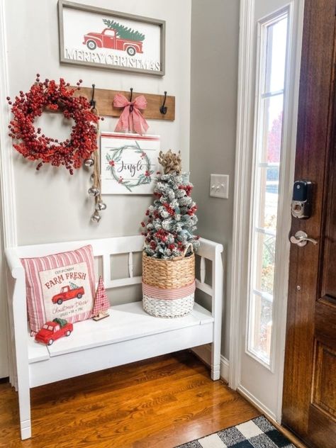 You know this is one of my FAVORITE little spots in my house to decorate for all the seasons and reasons! Why?! Because it doesn't take much to make it adorable! Come see my Christmas #xmas #christmasdecor #xmasdesign Holiday Entryway, Wilshire Collections, Entryway Decorating, Christmas Entry, Christmas Entryway, Foyer Ideas, Entryway Inspiration, Valentines Decor, Winter Decorations