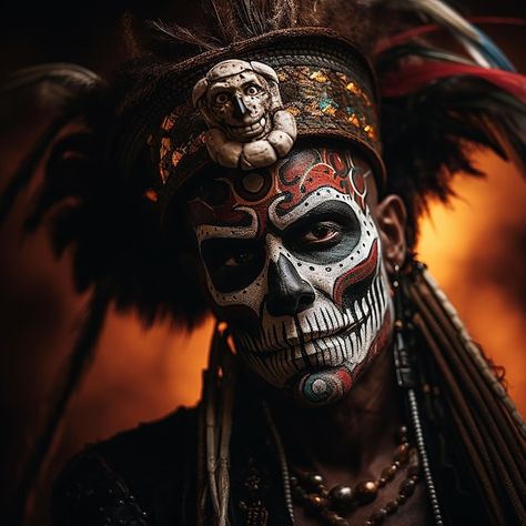 Native Warrior, Catrina Makeup, Traditional Day, Sugar Skull Makeup, Male Makeup, Skull Makeup, Day Of The Dead, The Dead, Sugar Skull