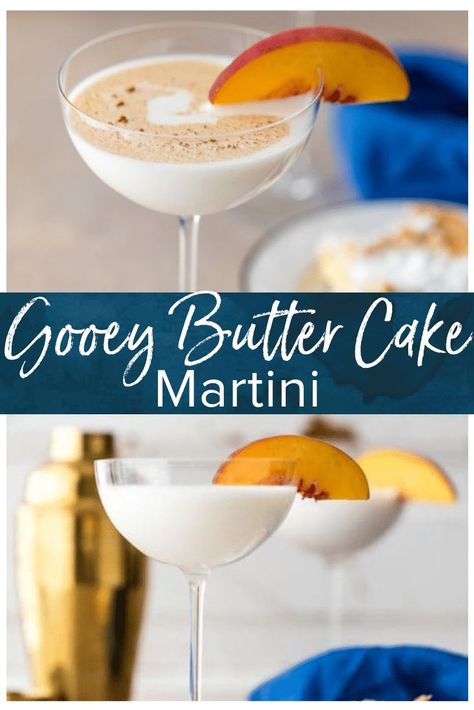 This Gooey Butter Cake Martini recipe is a delicious way to drink your dessert! It's made with the flavors of white chocolate, hazelnut, vanilla, and butterscotch schnapps for a decadent, indulgent, creamy cocktail. If you've ever had gooey butter cake, this drink will give you the same amazing feeling! #martini #gooeybuttercake #cocktails Butterscotch Schnapps Drinks Recipes, Creamy Cocktail Recipes, Creamy Martini, Dessert Martini Recipes, Dessert Martinis, Cake Martini Recipe, Dessert Martini, Cake Martini, White Chocolate Liqueur