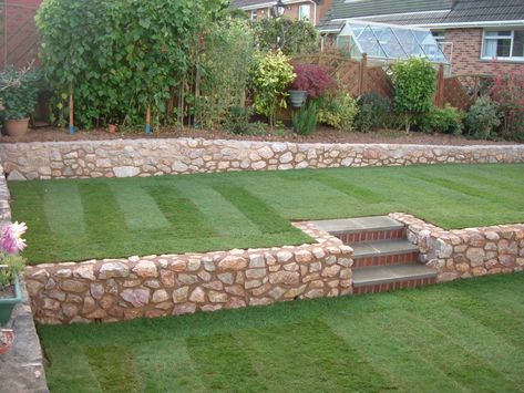 Tiered Backyard, Large Yard Landscaping, Face Stone, Terraced Garden, Sloped Backyard Landscaping, Garden Retaining Wall, Stone Fence, Sloped Backyard, Cool Fire Pits