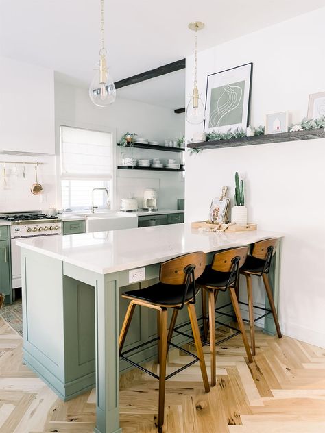 Peninsula Kitchen Design Layout, Brass Pot Rail, Peninsula Kitchen Design, Peninsula Kitchen, Mint Kitchen, Floating Bedside Table, Kitchen Peninsula, Sage Green Kitchen, Two Years Later