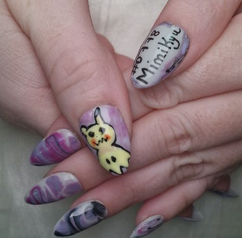 Glow in the dark Mimikyu nail art with Pokédex number and marble pattern Mimikyu Nails, Marble Pattern, In The Dark, Glow In The Dark, Marble, Nail Art, Nails, Pattern, Art