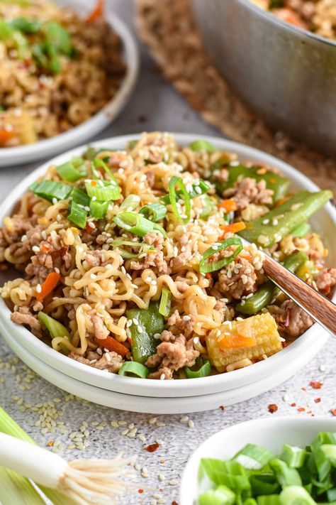 With ground pork, veggies and noodles, this Ground Pork Ramen is a quick and easy all-in-one meal done in just 20 minutes! Ground Pork Ramen, Ground Pork Recipe, Dance Around The Kitchen, Pork Ramen, Pork Recipe, Fried Vegetables, Vegetable Stir Fry, Dump Cake, Hoisin Sauce