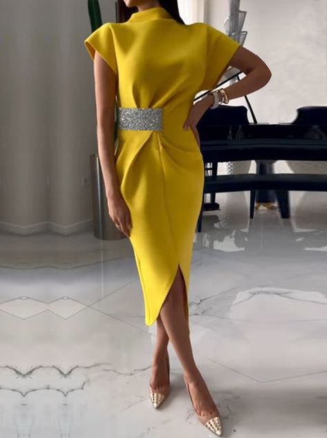 Classy Dresses Black Women, Early Fall Wedding Guest Dress, Dresses To Wear To A Wedding Classy Elegant, Fall Wedding Guest Dress October Formal, What To Wear To An Engagement Party, Elegant Dresses For Women Classy, Dresses By Style, Asymmetrical Neckline Dress, Tight Midi Dress