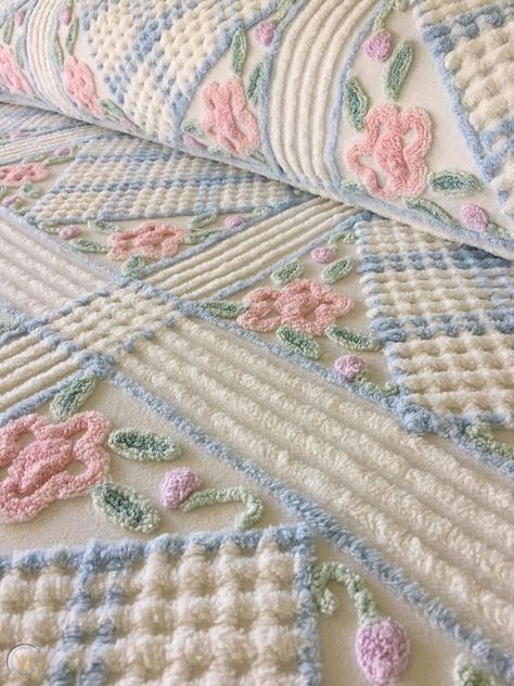 Vintage Chenille Full Bedspread ~ PLUSH ~ Soft ~ Blue Pink Cream Pastels | #1868805075 Morgan Jones, Chenille Quilt, Chenille Blanket, Vintage Bedspread, Crochet Bedspread Pattern, Yarn Flowers, Vintage Chenille, Chenille Bedspread, Crochet Bedspread