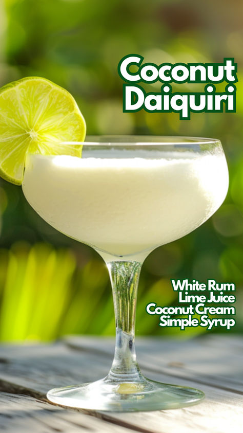 Coconut Daiquiri Flor De Cana Rum Drinks, Drinks With Coconut Cream, Coconut Lime Margarita Recipe, Coconut Daiquiri, Coconut Cocktails, Dark Rum Cocktails, Cocktails Made With Rum, Cocktail Cards, Bartender Drinks Recipes