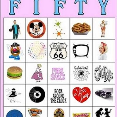 50s party game 1950s Party Ideas, 50th Birthday Games, Work Party Games, 50s Sock Hop, 50s Theme Parties, Anniversary Party Games, Printable Bingo Cards, Sock Hop Party, Free Printable Bingo Cards