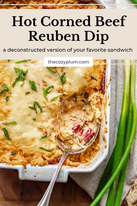 A white casserole dish with Corned Beef Reuben dip and scallions Reuben Appetizer, Hot Reuben Dip, Homemade Thousand Island, Corned Beef Reuben, Homemade Thousand Island Dressing, Reuben Dip, Canned Corned Beef, Beef Dip, Christmas Appetizers Party