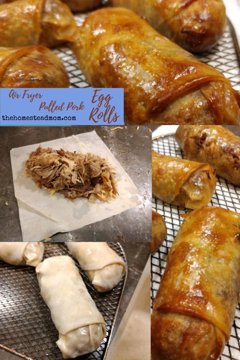 Air Fryer Pulled Pork Egg Rolls. Use up all that leftover pulled pork! #pulledpork #leftovers #mmgood #delicious #homestead #airfryer #whatsfordinner #homesteadmomdotcom #easyrecipes Shredded Pork Egg Rolls, Pulled Pork Egg Rolls Air Fryer, Bbq Pork Egg Rolls, Pork Egg Rolls Air Fryer, Recipes Using Pulled Pork Leftovers, Pulled Pork Leftover Ideas, Bbq Egg Rolls, Leftover Pulled Pork Ideas, Air Fryer Pulled Pork