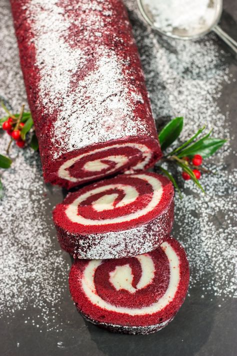 Red Velvet Cake Roll | Spicedblog Red Velvet Jelly Roll Cake, Red Velvet Bread Loaf, Red Velvet Cake Roll From Box Cake, Red Velvet Roll Cake Recipe, Red Velvet Cake Roll With Box Cake, Red Velvet Box Cake Hacks, Red Velvet Box Cake Recipes, Res Velvet Cake, Red Velvet Yule Log