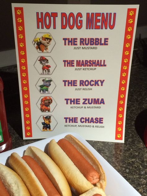 Paw patrol inspired hot dog menu 4de Verjaardag, Paw Patrol Birthday Theme, Paw Party, Birthday Party Games For Kids, Paw Patrol Birthday Party, Patrol Party, Paw Patrol Party, Carton Invitation, Birthday Party Food