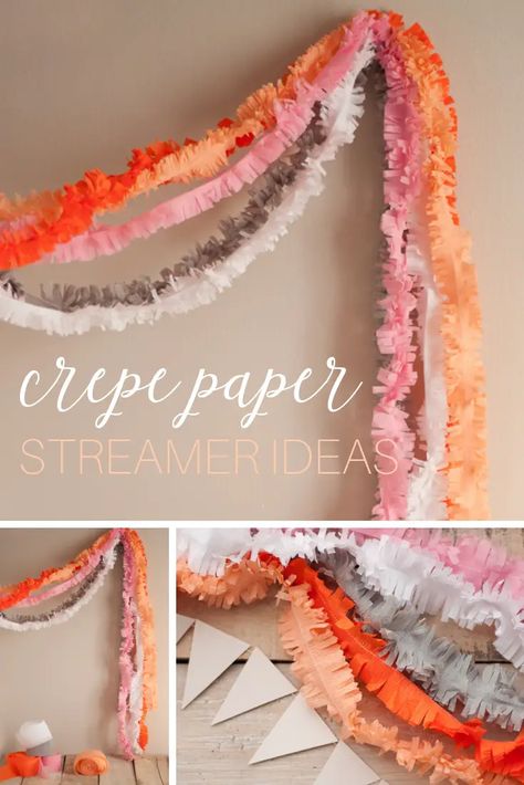 crepe paper streamers ideas Crepe Ribbon Decorations, Crepe Paper Table Runner, Crepe Paper Chandelier, Decorating With Crepe Paper, How To Hang Streamers Parties, Crepe Paper Table Decorations, Ruffled Crepe Paper Streamers, How To Hang Crepe Paper Streamers, Outdoor Streamer Decorations