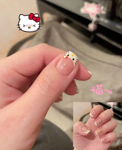 Hello Kitty Nails Simple, Hello Kitty Nails Short, Nails Simple Short, Kitty Nails, Hello Kitty Nails, Cat Nails, Short Nail, Short Nail Designs, Nails Simple