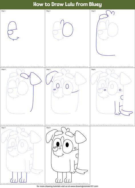 How to Draw Lulu from Bluey (Bluey) Step by Step | DrawingTutorials101.com How To Draw Bluey, How To Draw Bluey Characters, Bluey Drawing Idea, Bluey Step By Step Drawing, Bluey Drawing Kids, How To Draw Bluey And Bingo Step By Step, Bluey Drawings, Bluey Cartoon Outline, Pen Tricks