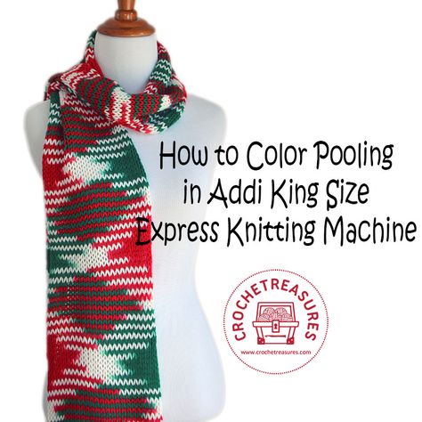 How to Color Pooling in Addi King Size Express Knitting Machine        You will need a variegated yarn of any brand. Unravel few yards ... Color Pooling, Knitting Machine Tutorial, Addi Knitting Machine, Addi Express, Knitting Things, Circular Knitting Machine, Knitting Machine Patterns, Loom Knitting Patterns, Knitting Machine Projects