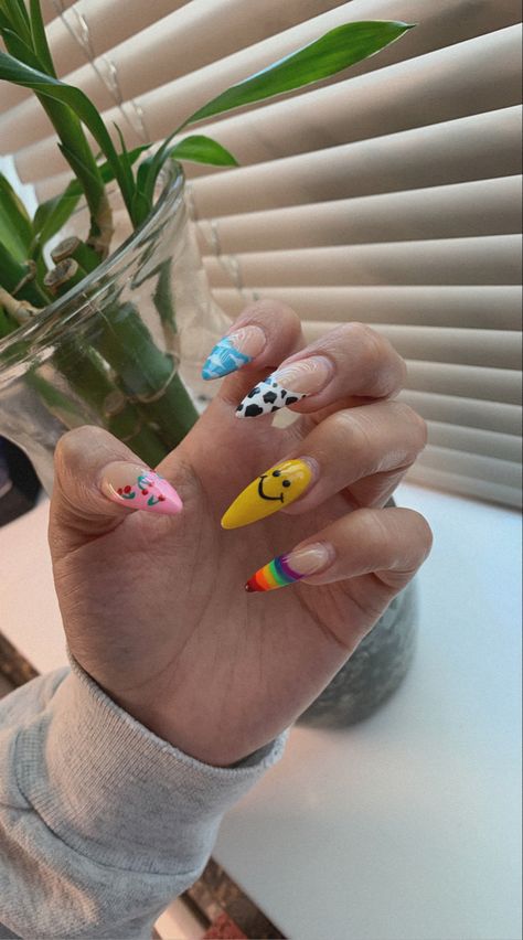 Cow Nails Acrylic Almond, Cow Nails Almond Shape, Short Acrylic Nails Almond Cow Print, Rainbow Cow Print Nails, Cow Print Nails Colorful, Cherry Nails, Cow Print, Love Nails, Almond Nails