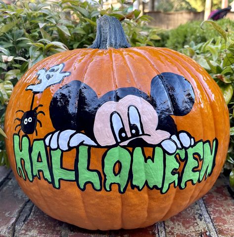 Cute Pumpkin Painting Ideas Disney, Mickey Pumpkin Painting, Mickey Mouse Pumpkin Painting, Disney Painted Pumpkins, Spooky Painted Pumpkins, Pumpkin Painting Ideas Disney, Things To Paint On A Pumpkin, Pumpkin Paints, Scary Pumpkin Painting Ideas