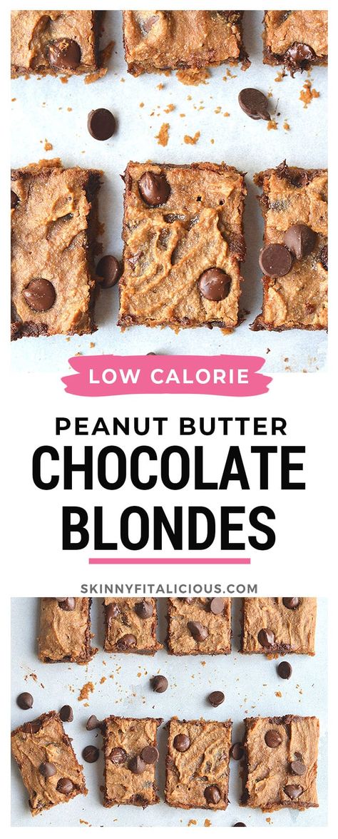 Healthy Peanut Butter Chocolate Blondes {Vegan, Low Cal, GF} - Skinny Fitalicious® Low Cal Chocolate, Low Calorie Peanut Butter, Low Calorie Chocolate, Low Cal Dessert, Chocolate Peanut Butter Desserts, Healthy Chocolate Recipes, Brownie Recipes Healthy, Easy Chocolate Desserts, Dairy Free Chocolate Chips