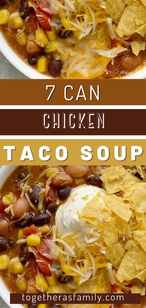 Dinner does not get any easier than this 7 Can Chicken Taco Soup! Dump 7 cans into a pot plus some seasonings and that's it! Serve with tortilla chips, cheese, and sour cream. You won't believe how yummy & easy it is. If you really don't want to use canned chicken then substitute with 2 cups of shredded or chopped cooked chicken. At least try it once with the canned chicken and I am betting you'll love it! 7 Can Chicken Taco Soup, Dinner Soup Recipes, Dump Chicken, Chicken Tortilla Soup Crock Pot, Chicken Tortilla Soup Easy, Can Chicken, Chicken Breast Recipes Baked, Chicken Taco Soup, Cheese Chips