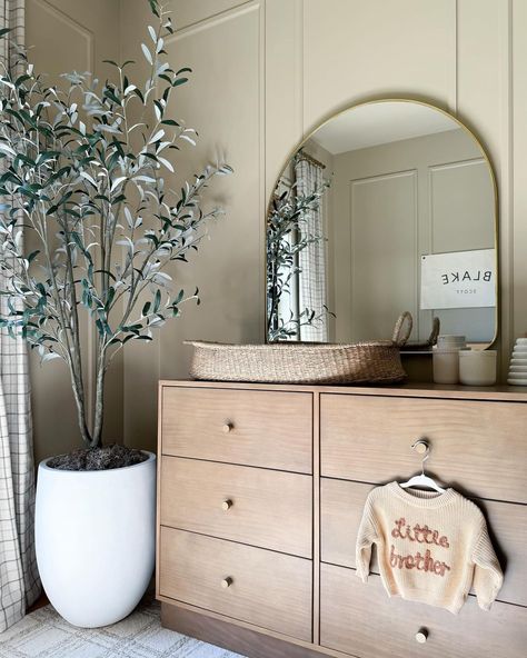 Katie Bowen | Home & Design | The best part of the girls playroom is all the storage! I love the height of this set up; both girls are able to access all their toys... | Instagram Baby Room Inspiration Neutral, Dresser Wall Decor, Nursery Dresser Decor, Color Drenching, Neutral Nursery Colors, Mid Century Nursery, Nursery Color, Modern Baby Room, Girls Playroom