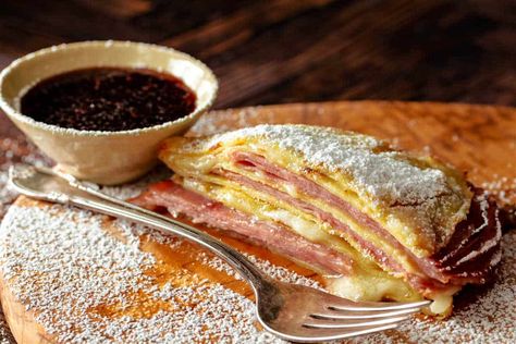 Monte Cristo Crepes, Crepes Brunch, Honey Ham, Deli Turkey, Deli Ham, Crepe Cake, Spicy Honey, Monte Cristo, Breakfast Pancakes