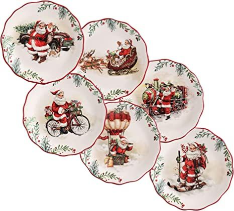 Amazon.com: Bico Santa On The Way Ceramic Appetizer Plates, 6 inch, Set of 6, for Tapas, Salad, Appetizer, Microwave & Dishwasher Safe : Home & Kitchen Tapas Salad, Christmas Dinner Set, Salad Appetizer, Christmas Dinnerware, China Tea Sets, Christmas Dishes, Appetizer Plates, Christmas Plates, Brand Store