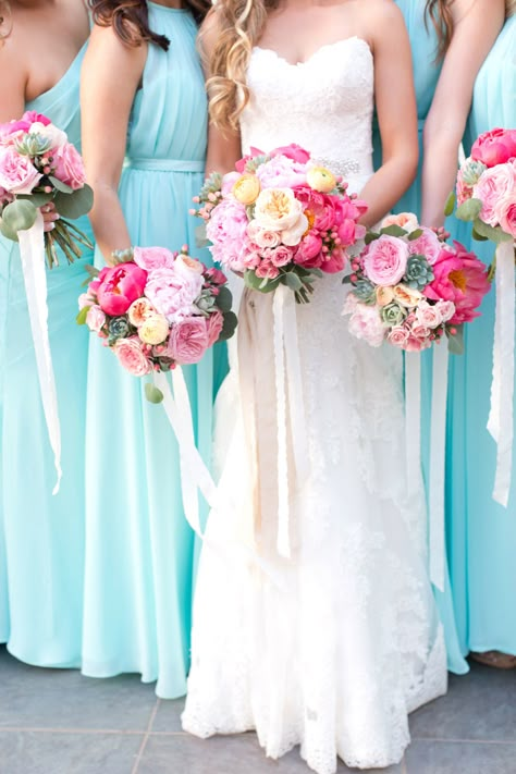 Aqua Bridesmaid Dresses, Peonies Wedding, Summer Wedding Dresses, Wedding Maids, Summer Wedding Bouquets, Aqua Wedding, Wedding Colours, Wedding Flowers Summer, Turquoise Wedding