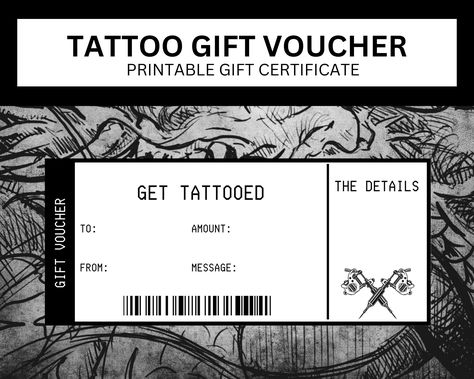 Tattoo Advertising, Tattoo Gift Certificate, Tattoo Voucher, Gift Tickets, Gift Template, Printable Gift Certificate, Gift Coupon, Tattoo Business, Gift Certificate Template