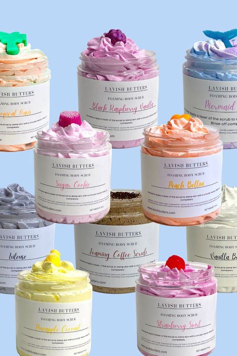 Lavish Butters carries body scrubs that leaves the skin soft and moisturized. The body polish gently exfoliates the dead skin cells resulting in smooth glowing skin. Sugar Scrub Packaging, Body Butter Packaging, Handmade Body Scrub, Shea Butter Benefits, Lotion Brands, Foaming Sugar Scrub, Body Foam, Skin Care Business, Body Scrub Recipe