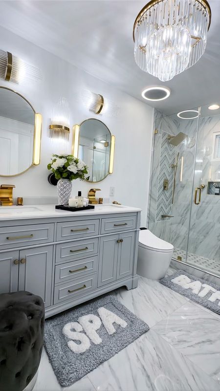 Couple Bathroom Ideas, Couples Bathroom, Feminine Bathroom, Walmart Home Decor, Guest Bathroom Renovation, Fancy Bedroom, Gold Shelves, Restroom Decor, Type Of Person