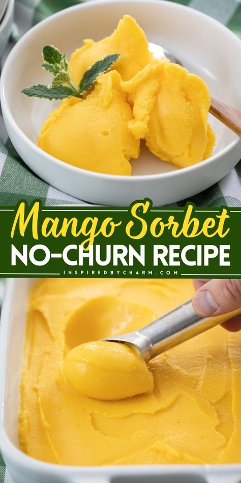 4 ingredients are all you need in this no-churn mango sorbet recipe! Luxuriously creamy, this homemade sorbet is a fruity spring dessert you'll surely love. Check out how you can get creative for a fun summer frozen treat! Unique Sorbet Flavors, Mango Sorbet Recipe, Frozen Popsicles, Homemade Sorbet, Easy Spring Recipes, Sorbet Is, Sorbet Recipe, Creami Recipes, Fruit Sorbet