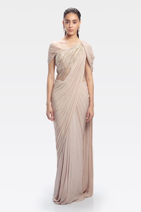 Buy Gaurav Gupta Beige Silk Georgette Pre-draped Embroidered Saree Gown Online | Aza Fashions Drape Saree Gowns, Gaurav Gupta Gowns, Pearl Saree, Gown With Pearls, Draped Saree Gown, Saree Gowns, Georgette Skirt, Draped Saree, Gaurav Gupta