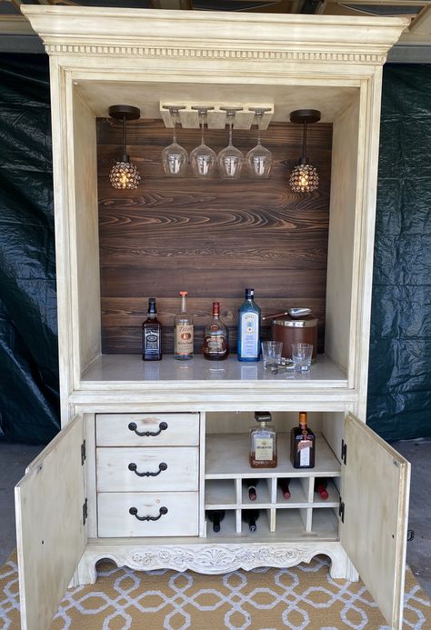 Diy Tv Armoire, Tv Cabinet Refurbished, Old Tv Cabinet Makeover Repurposed, What To Do With An Old Armoire, Upcycled Tv Cabinet, Tv Armoire Repurposed Kitchen, Tv Armoire Makeover Ideas, Old Tv Cabinet Makeover, Armoire Bar Repurposed