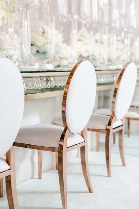 Luxury white leather and rose gold chairs. The Resort at Pelican Hill wedding by Cavin Elizabeth Photography and Details Details White And Gold Chairs Wedding, Modern Wedding Chairs, Chairs For Events, White And Gold Chair, Gold Chairs Wedding, White Chairs Wedding, Gold Wedding Chairs, Rose Gold Chair, Event Chairs